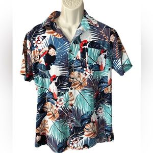 Besser Bay Men Hawaiian Shirt L Print Beach tropical Aloha Button Short Sleeve